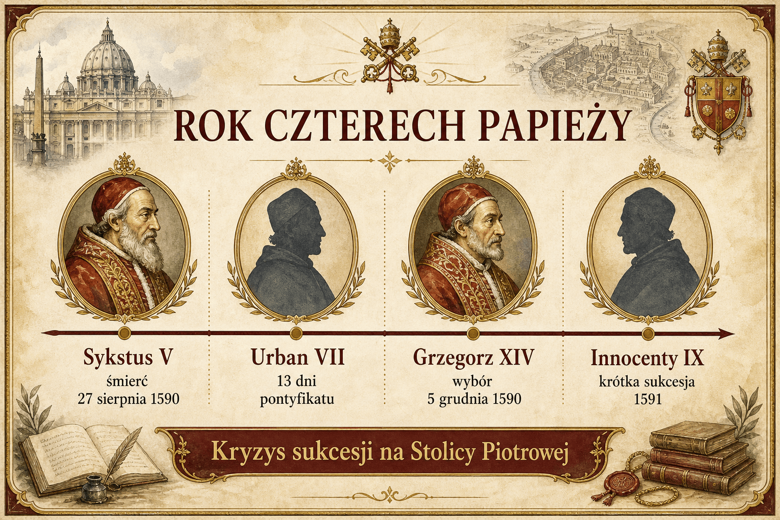 Infografika chronologiczna czterech pontyfikatów roku 1590-1591: Sykstus V, Urban VII, Grzegorz XIV, Innocenty IX