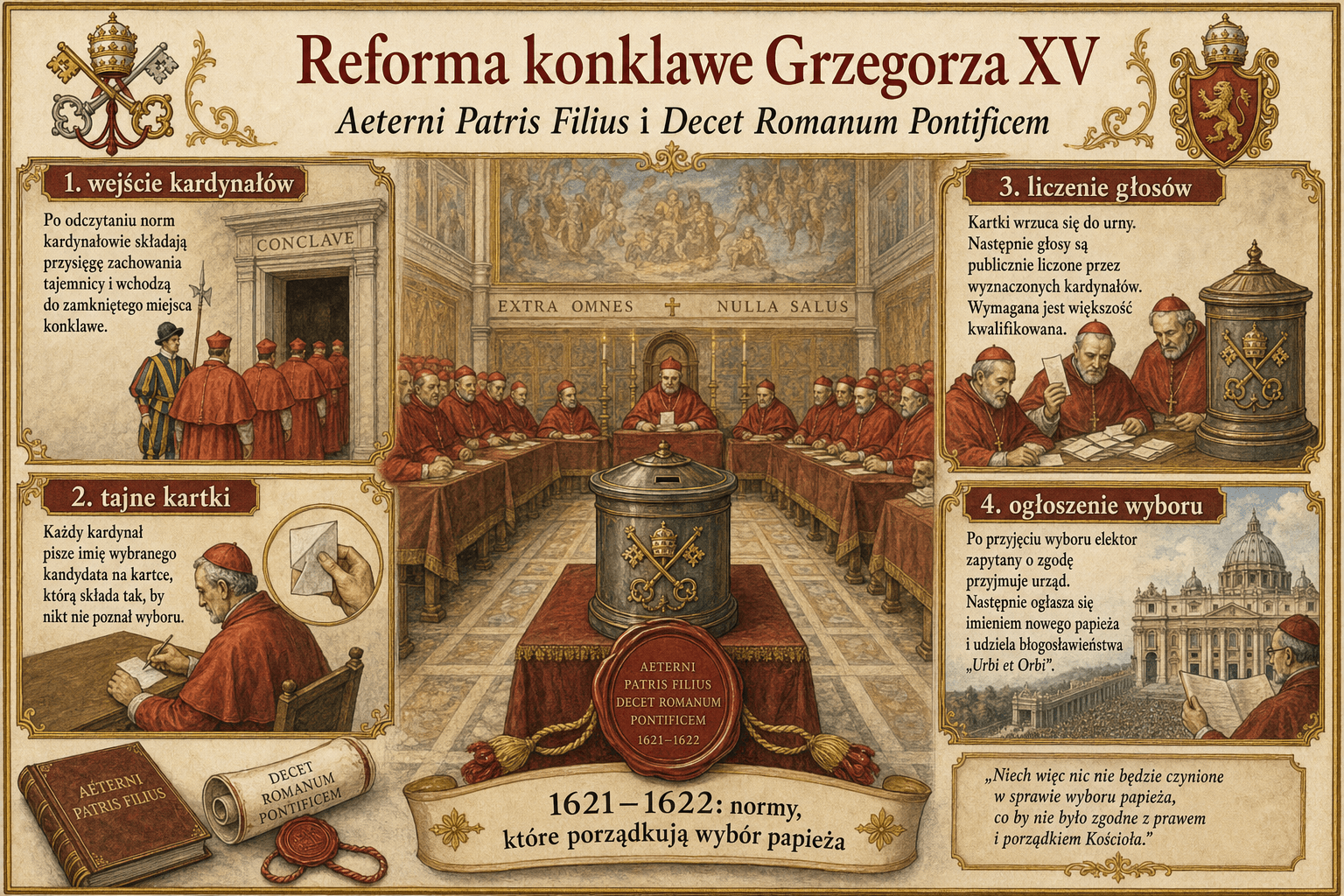 Infografika Ignispedia przedstawiająca pięciu świętych kanonizowanych przez Grzegorza XV 12 marca 1622: Ignacy Loyola, Franciszek Ksawery, Teresa z Ávili, Filip Neri i Izydor Oracz, wraz z ich zakonem i krajem.
