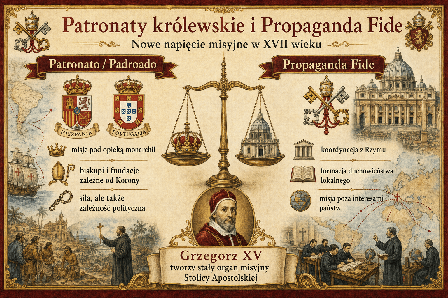 Infografika Ignispedia przedstawiająca działania Grzegorza XV podczas wojny trzydziestoletniej: wsparcie cesarza Ferdynanda II, przeniesienie godności elektora Palatynatu na Maksymiliana Bawarskiego, zdobycie Heidelbergu i wysłanie biblioteki palatyńskiej do Rzymu.