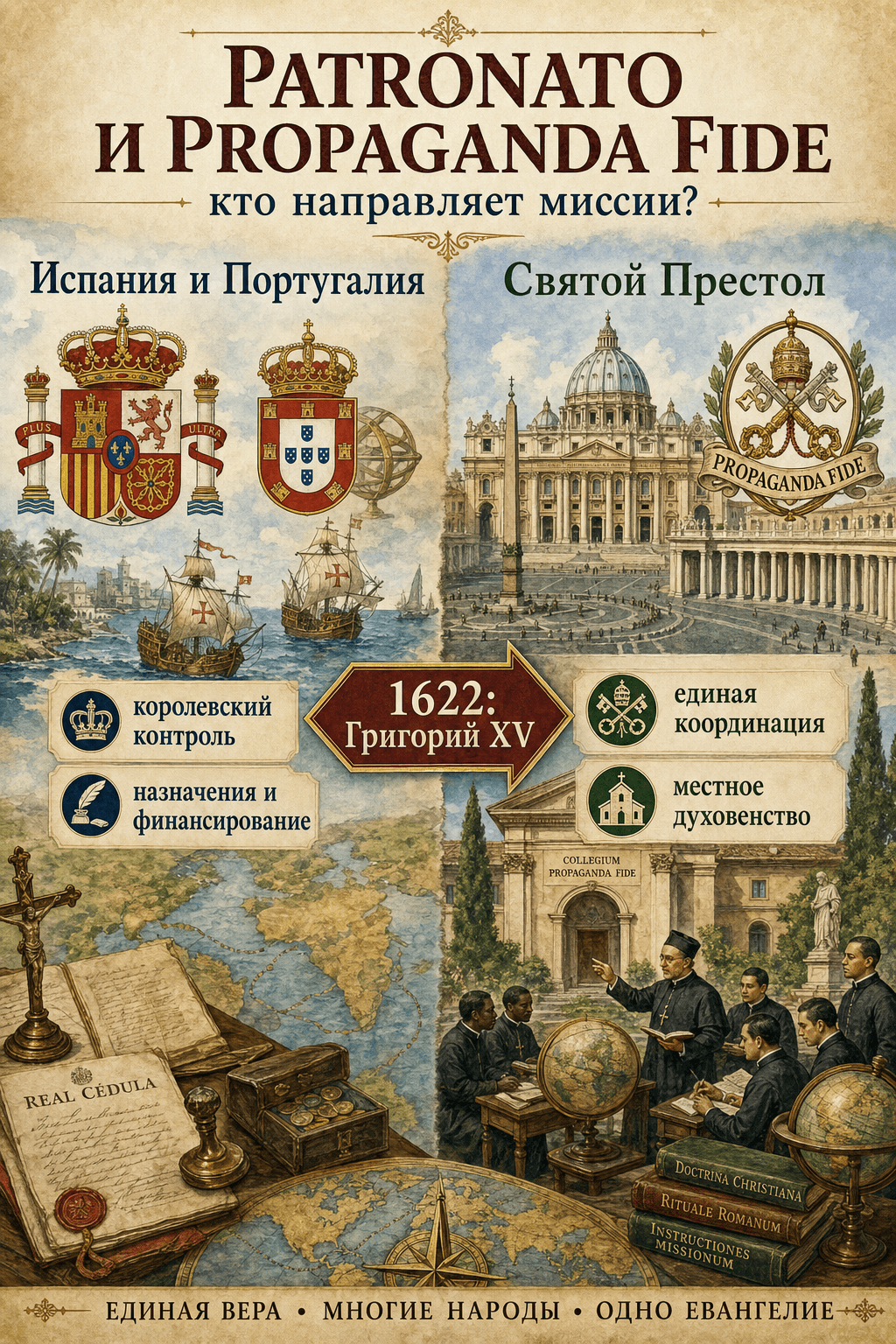 Инфографика Ignispedia, сравнивающая иберийские patronato и padroado до 1622 года с римской миссионерской координацией, созданной Григорием XV и Propaganda Fide.