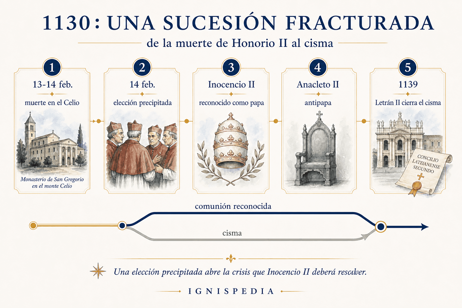 Friso infográfico de la sucesión fracturada de 1130 tras la muerte de Honorio II