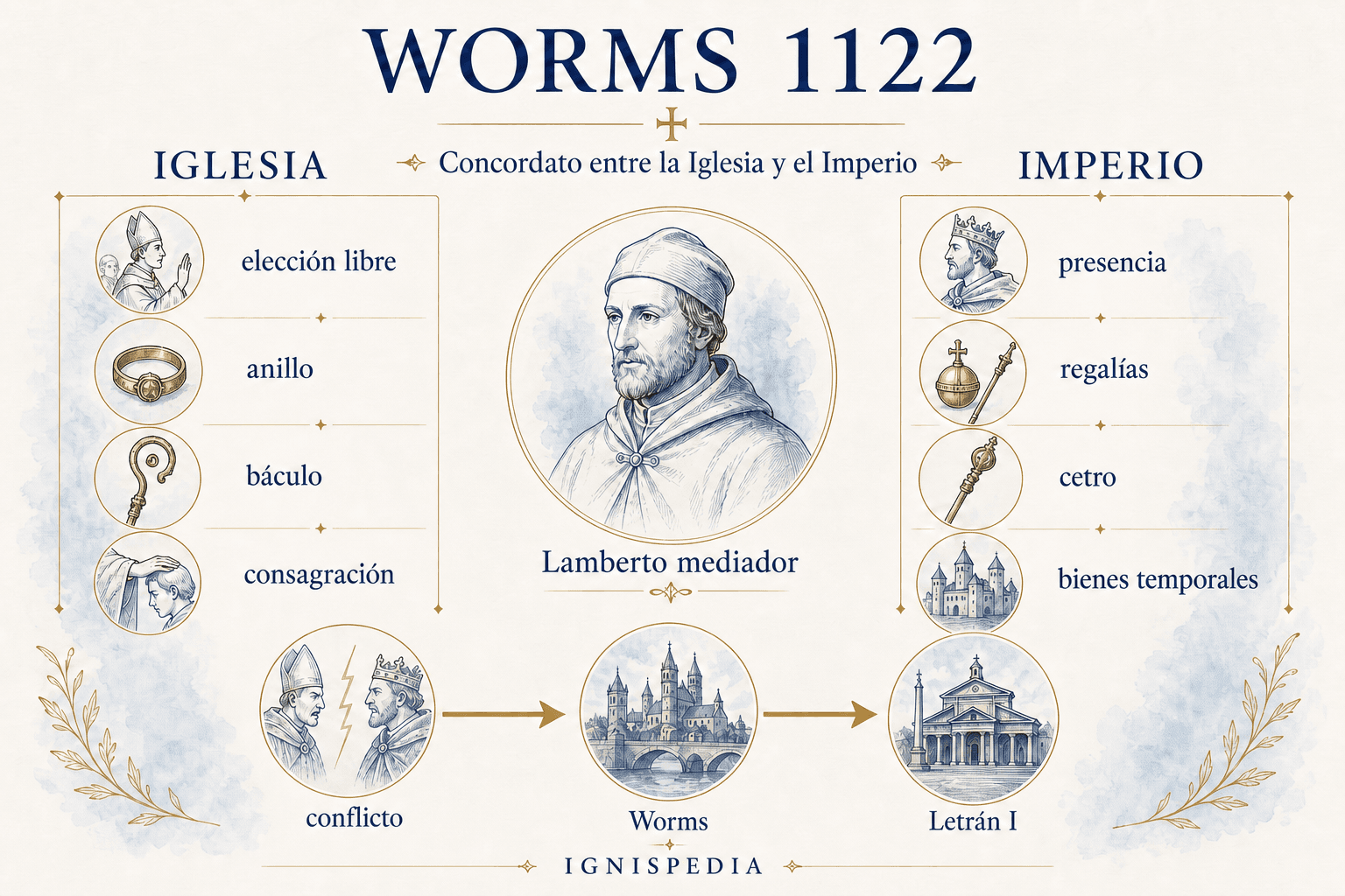 Infografía que explica el Concordato de Worms: lo que corresponde a la Iglesia y lo que corresponde al Imperio
