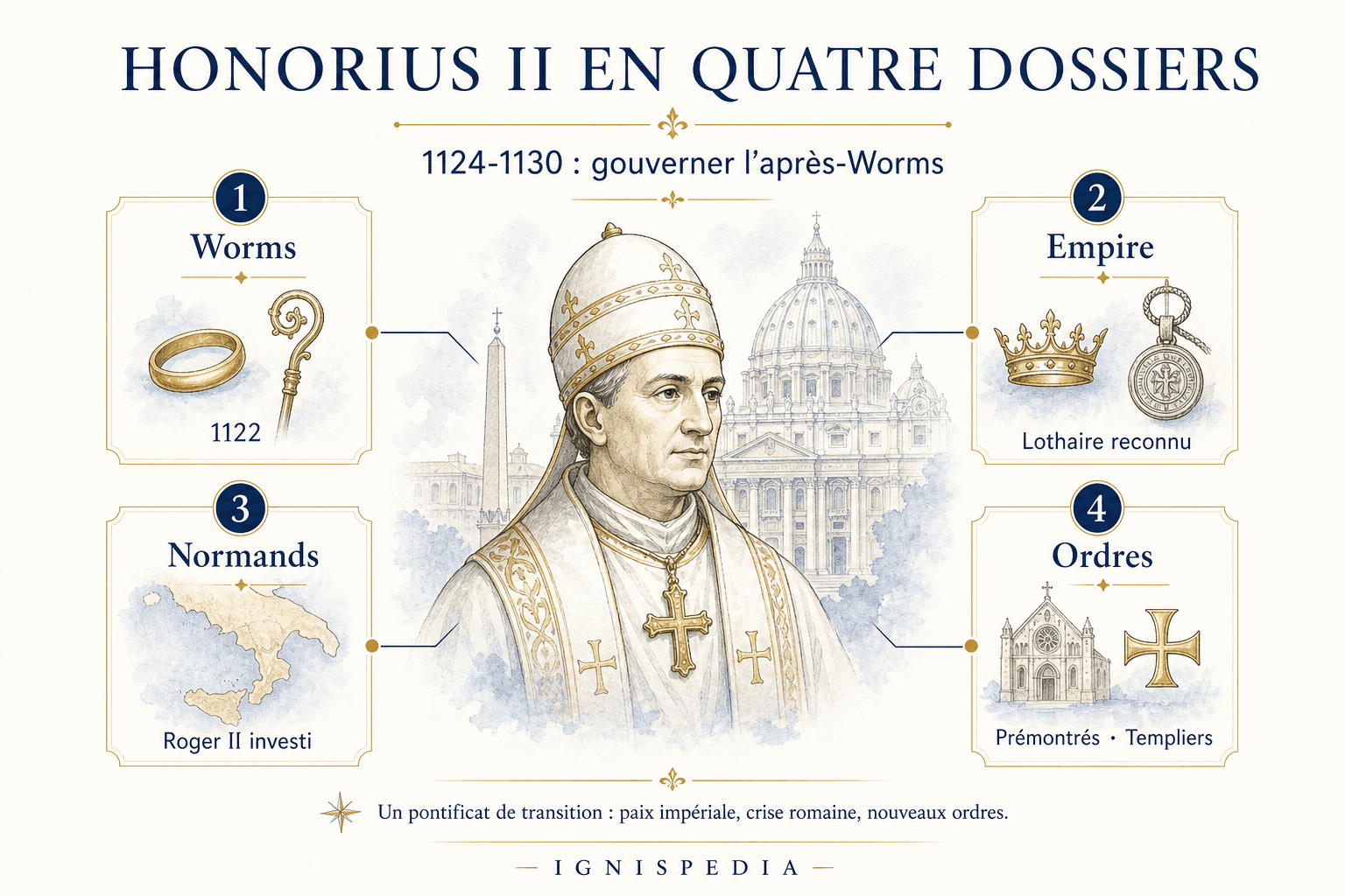 Infographie synthétique présentant les quatre grands dossiers du pontificat d'Honorius II : Worms, Empire, Normands et nouveaux ordres
