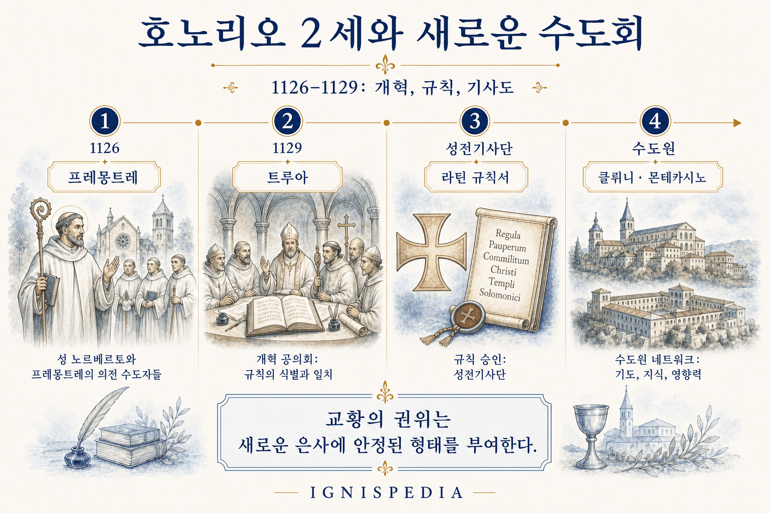 호노리오 2세 시대 프레몽트레, 트루아, 성전기사단 라틴 규칙서, 클뤼니와 몬테카시노를 보여 주는 인포그래픽