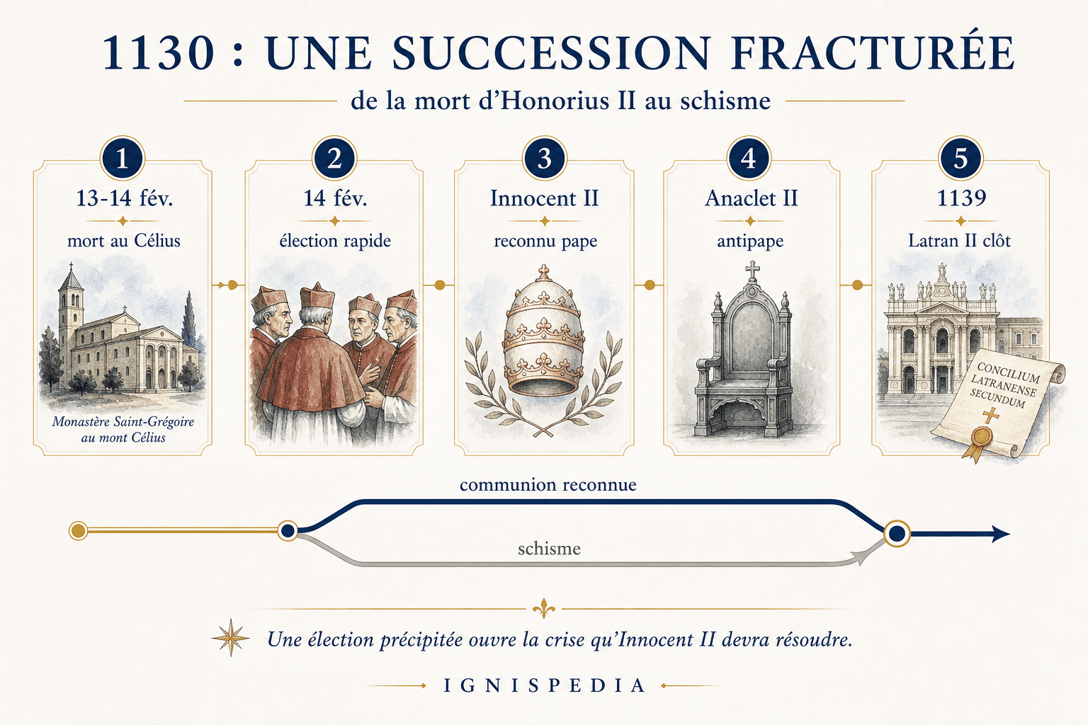Frise infographique de la succession fracturée de 1130 après la mort d'Honorius II