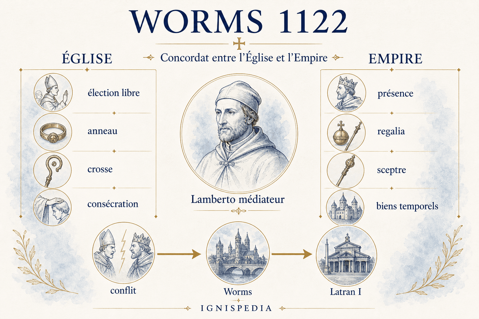 Infographie expliquant le Concordat de Worms : ce qui relève de l'Église et ce qui relève de l'Empire