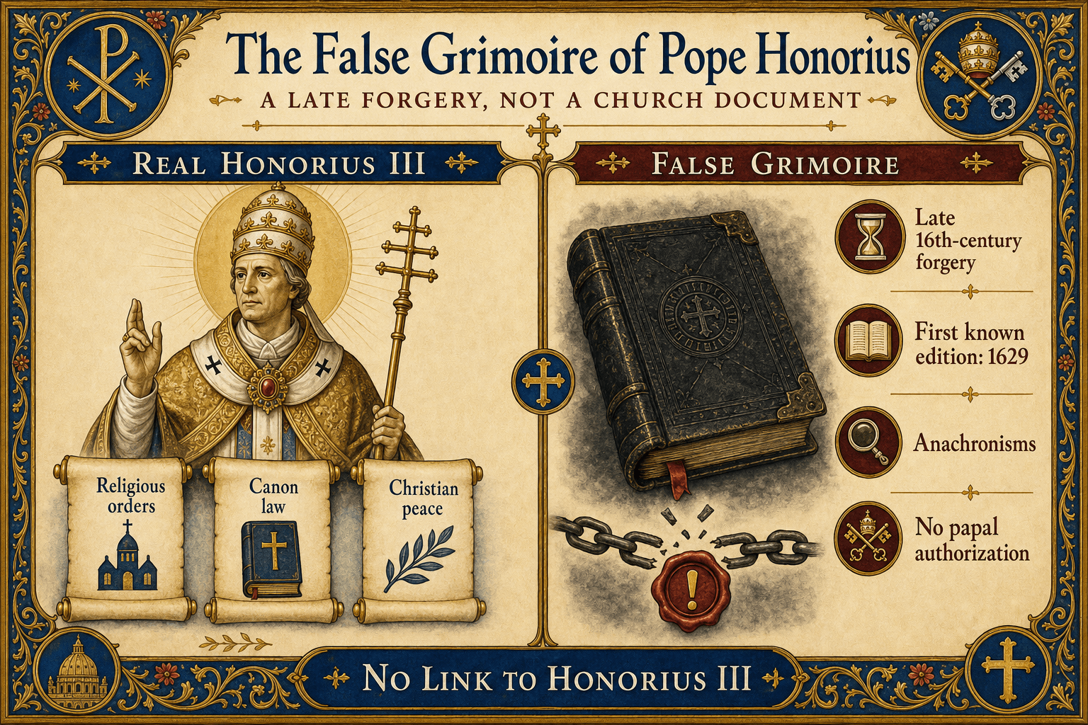 Ignispedia infographic: the false Grimoire of Pope Honorius as a late forgery.