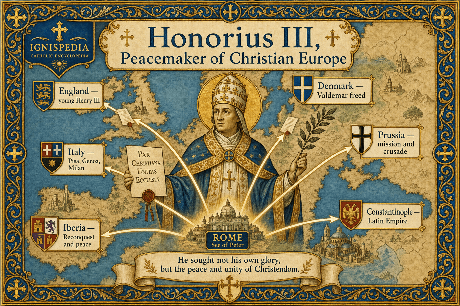 Ignispedia infographic: Honorius III as peacemaker of Christian Europe.
