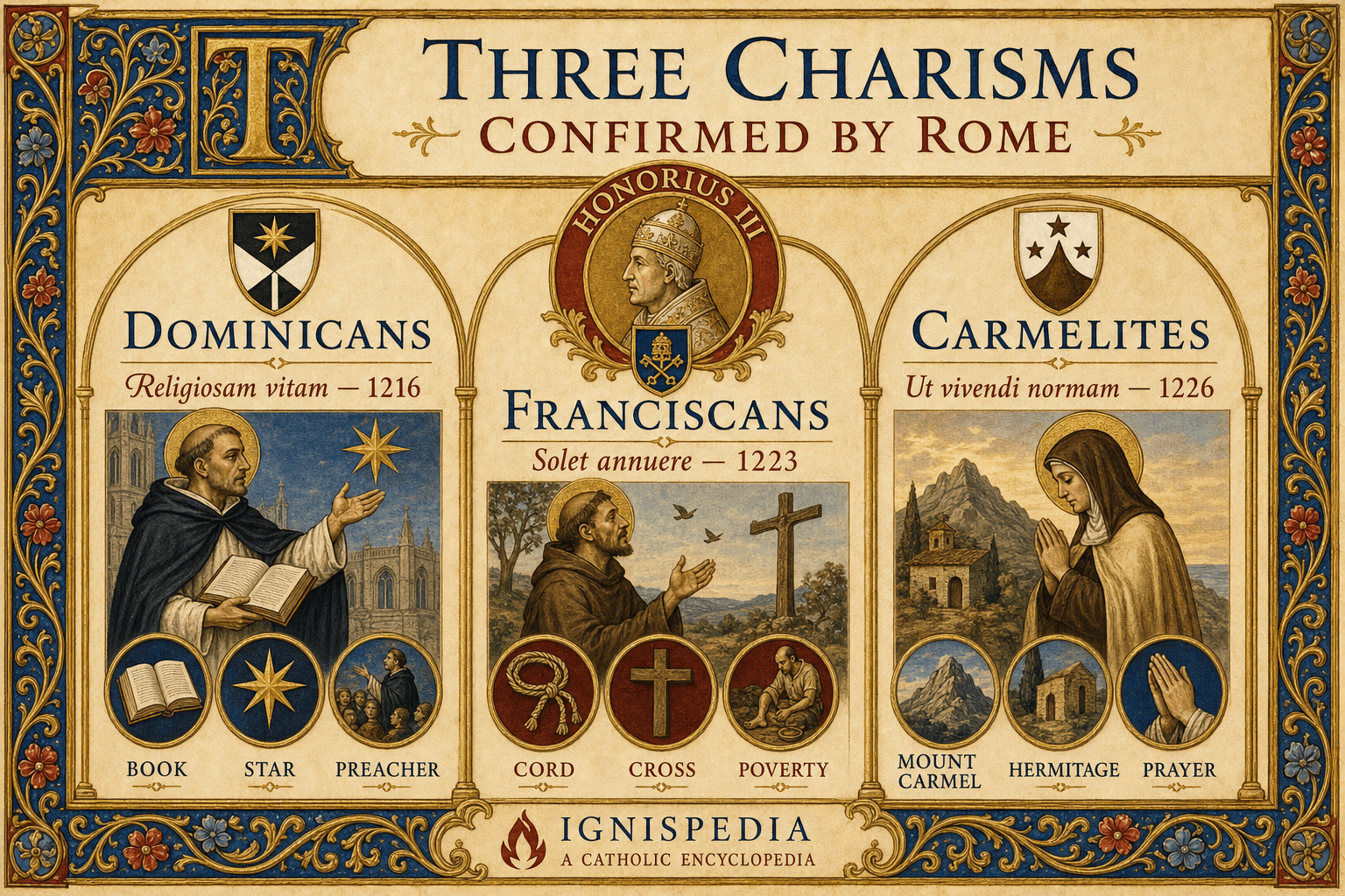 Ignispedia infographic: Dominicans, Franciscans and Carmelites confirmed by Honorius III.