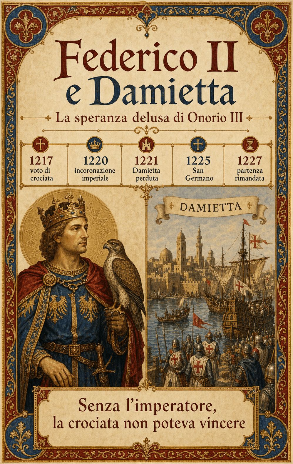 Infografica Ignispedia: Federico II, i giuramenti rinviati e la perdita di Damietta nel 1221.