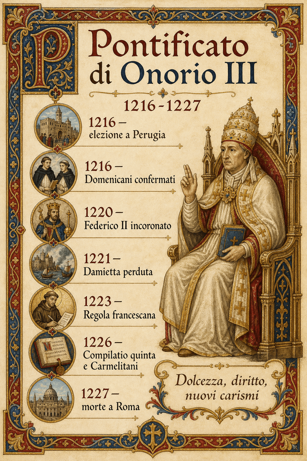 Infografica Ignispedia: cronologia del pontificato di Onorio III dal 1216 al 1227.
