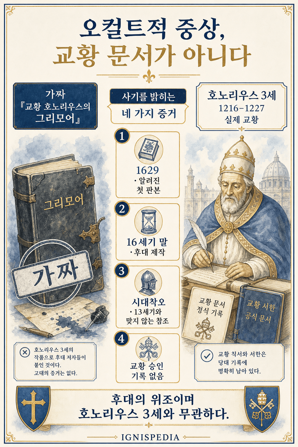 Ignispedia 인포그래픽: 가짜 호노리오 교황의 그리모어, 후대의 사기.