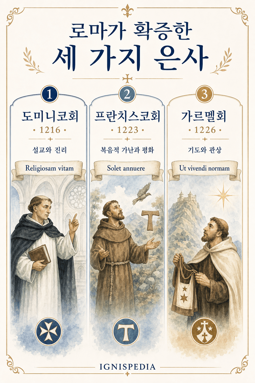 Ignispedia 인포그래픽: 호노리오 3세가 승인한 도미니코회, 프란치스코회, 가르멜회.