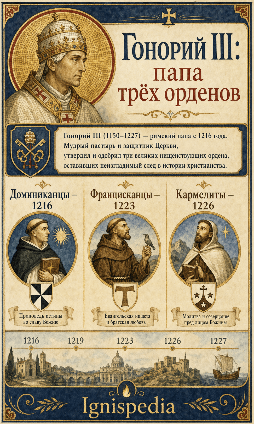 Инфографика Ignispedia: Гонорий III подтверждает доминиканцев, францисканцев и кармелитов.