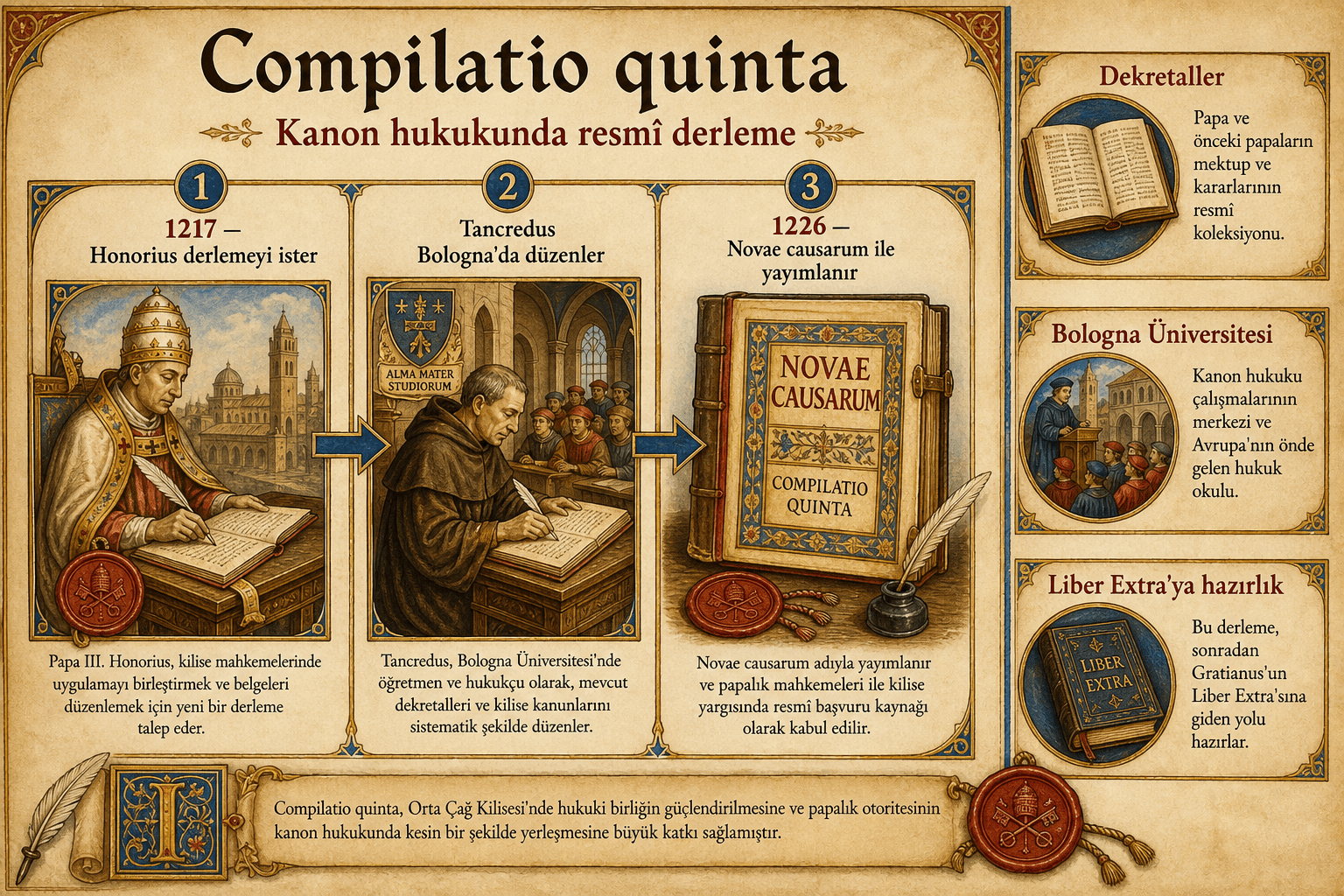 Ignispedia infografiği: Compilatio quinta ve resmi kanonik hukuk derlemesinin doğuşu.