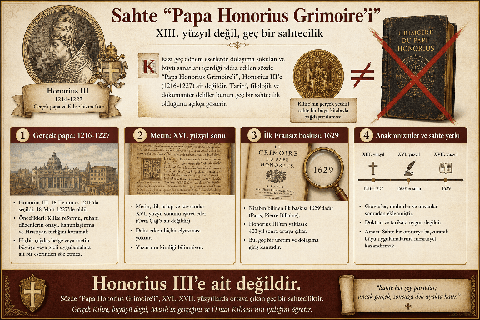 Ignispedia infografiği: sahte Papa Honorius Grimoire'si, geç dönem bir sahtekarlık.