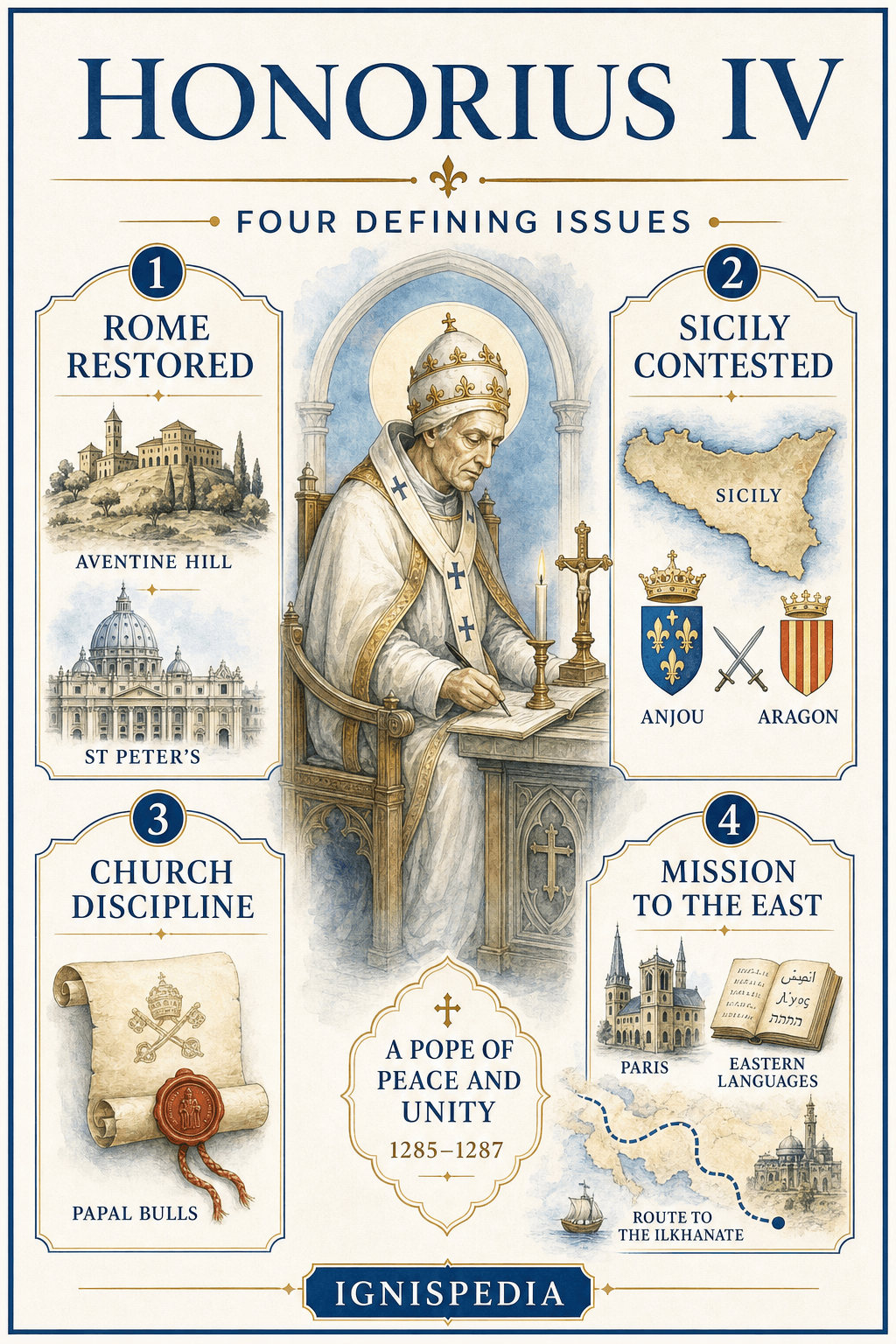 Ignispedia infographic: Honorius IV in four defining issues — Rome restored, Sicily contested, Church discipline, and mission to the East.