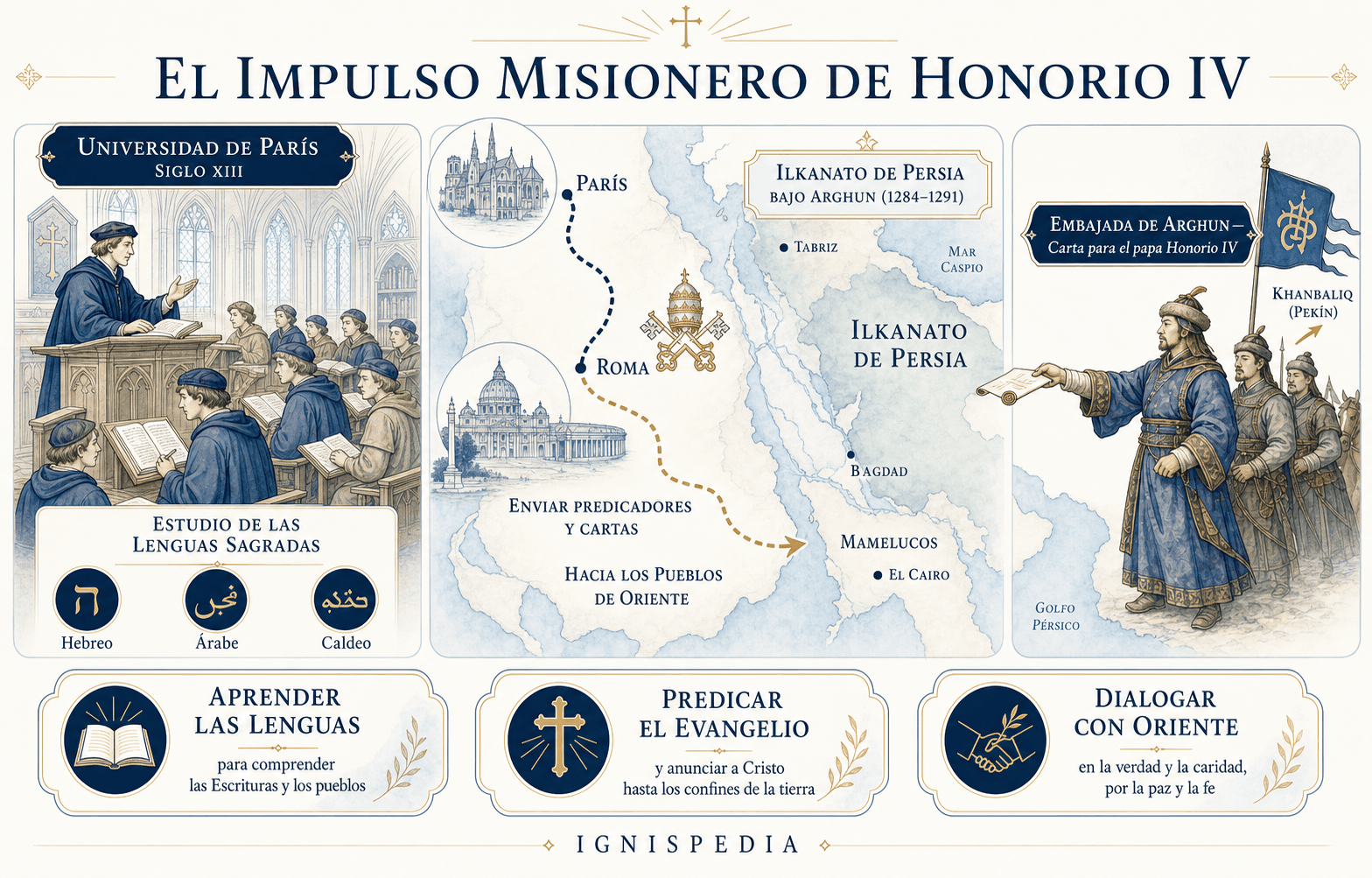 Infografía Ignispedia: el impulso misionero de Honorio IV, lenguas orientales en París y embajada mongola de Arghun.