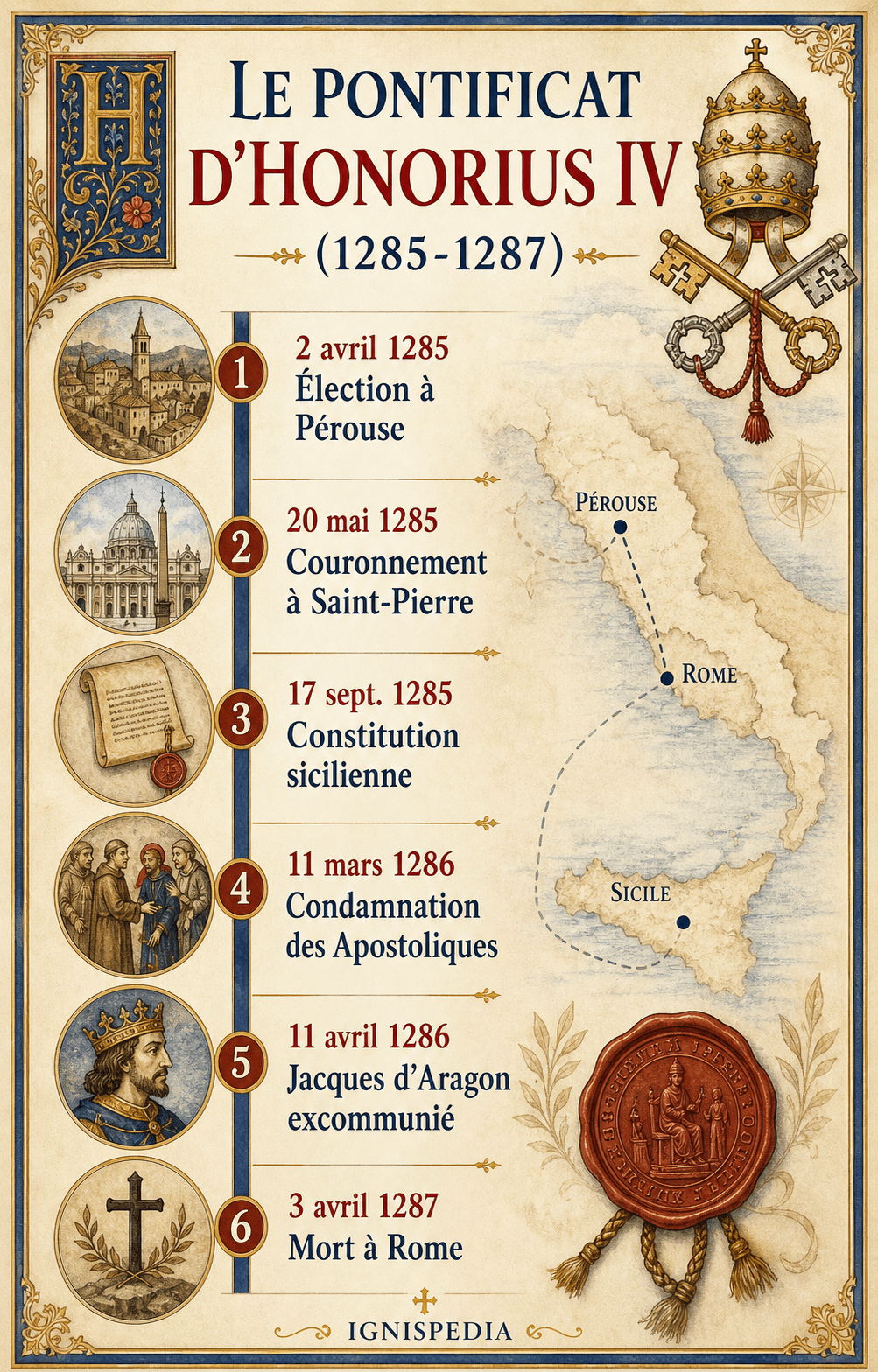 Infografia Ignispedia : friso do pontificado de Honório IV de 1285 a 1287.