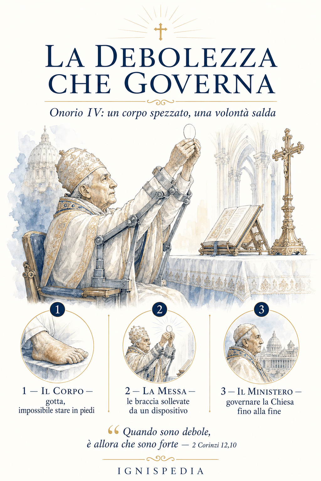 Infografica Ignispedia: Onorio IV, la debolezza che governa, corpo spezzato, volontà ferma e incarico mantenuto fino alla fine.