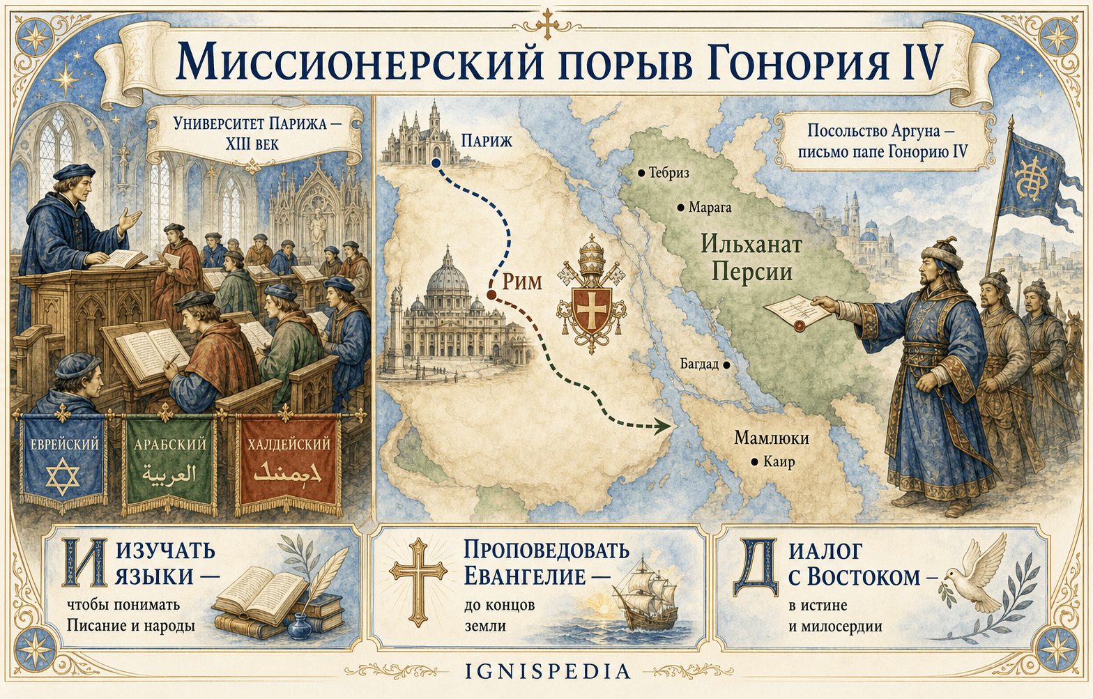 Инфографика Ignispedia: миссионерский порыв Гонория IV, восточные языки в Париже и монгольское посольство Аргуна.