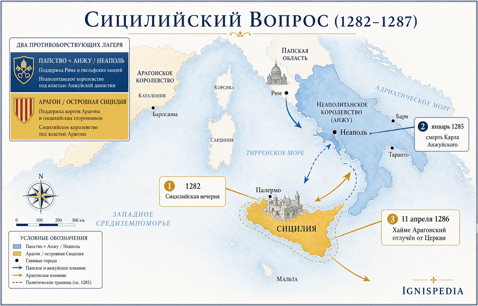 Инфографика Ignispedia: карта сицилийского вопроса между папством, Анжуйцами, Арагоном и Сицилией с 1282 по 1287 год.