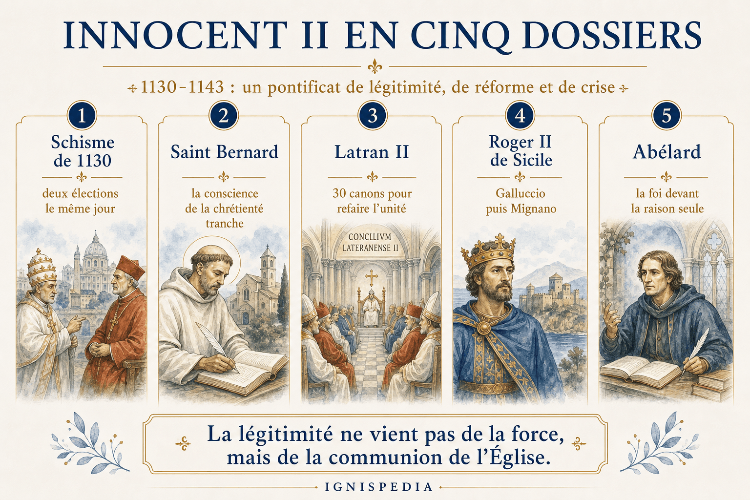 Infographie Ignispedia résumant Innocent II en cinq dossiers : schisme de 1130, saint Bernard, concile du Latran, Roger II de Sicile et Abélard.