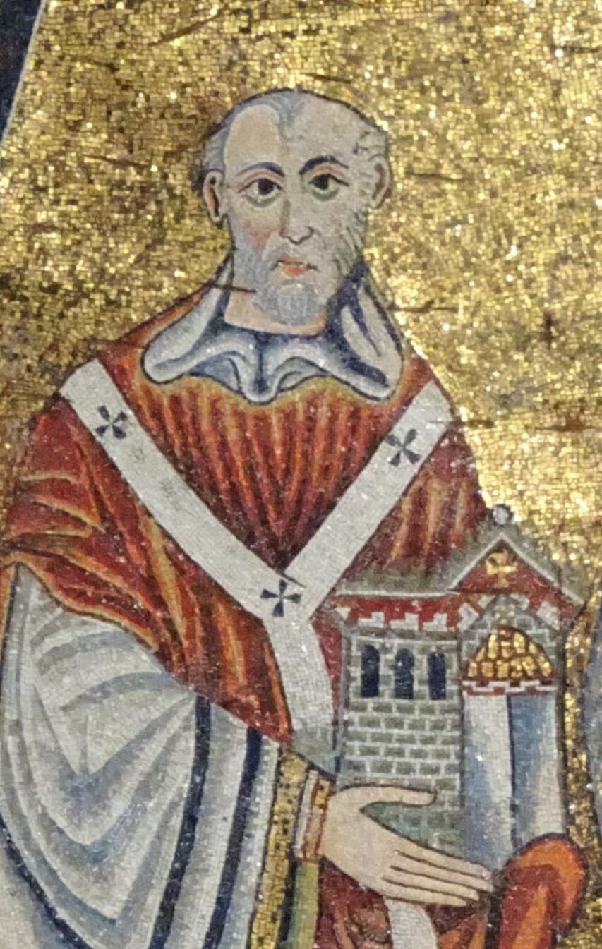 Detail of the apse mosaic of Santa Maria in Trastevere showing Innocent II holding a model of the basilica.