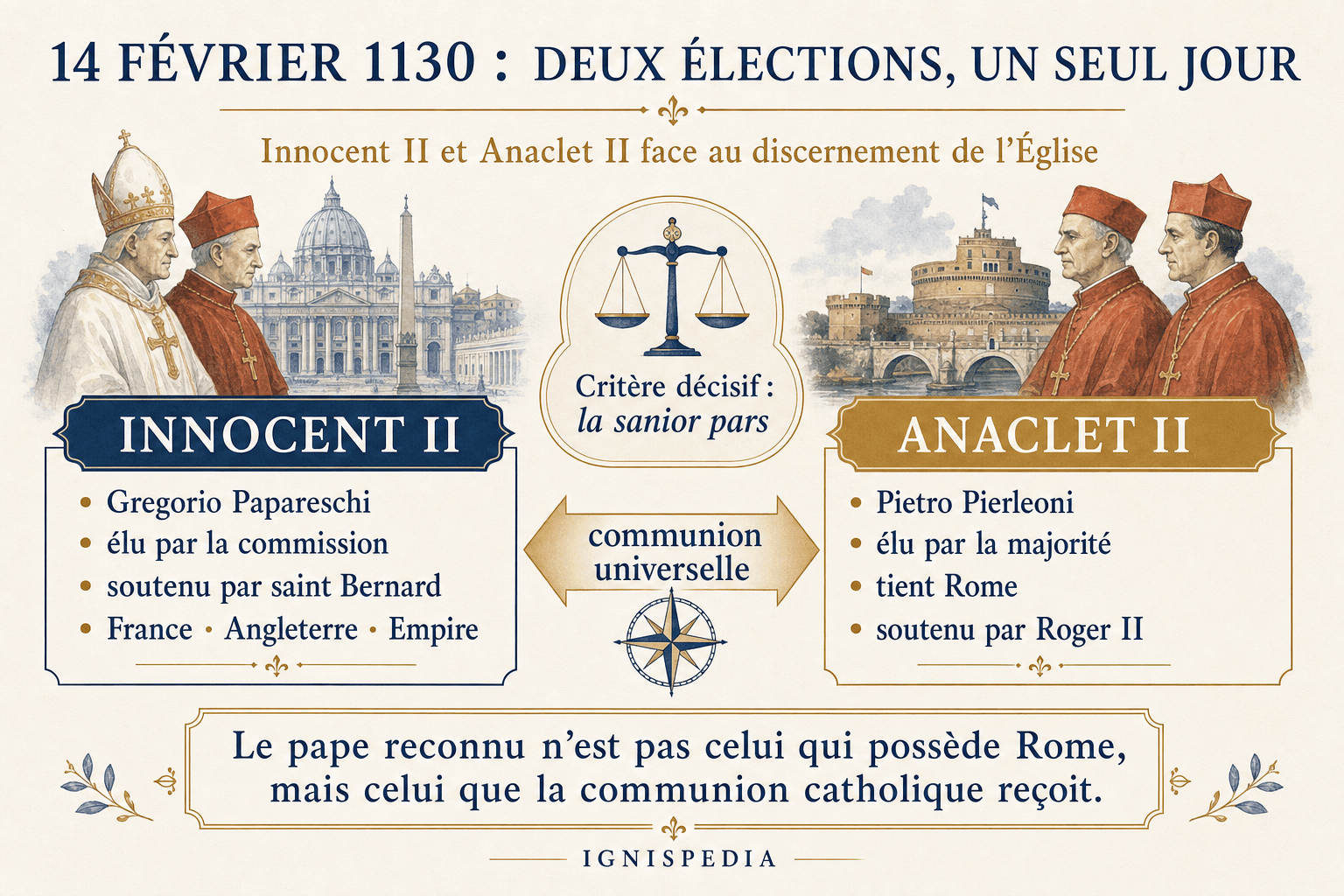 Infographie Ignispedia comparant Innocent II et Anaclet II lors de la double élection du 14 février 1130.