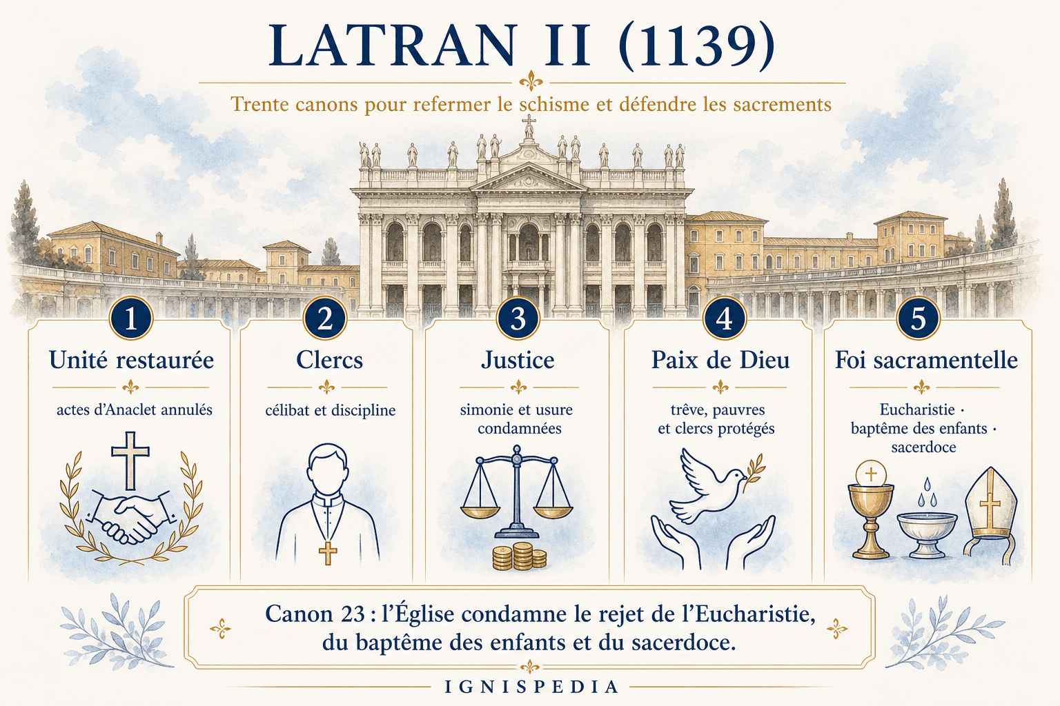 Infographie Ignispedia présentant le IIe concile du Latran de 1139 : fin du schisme, célibat des clercs, usure, paix de Dieu et condamnation des hérétiques.