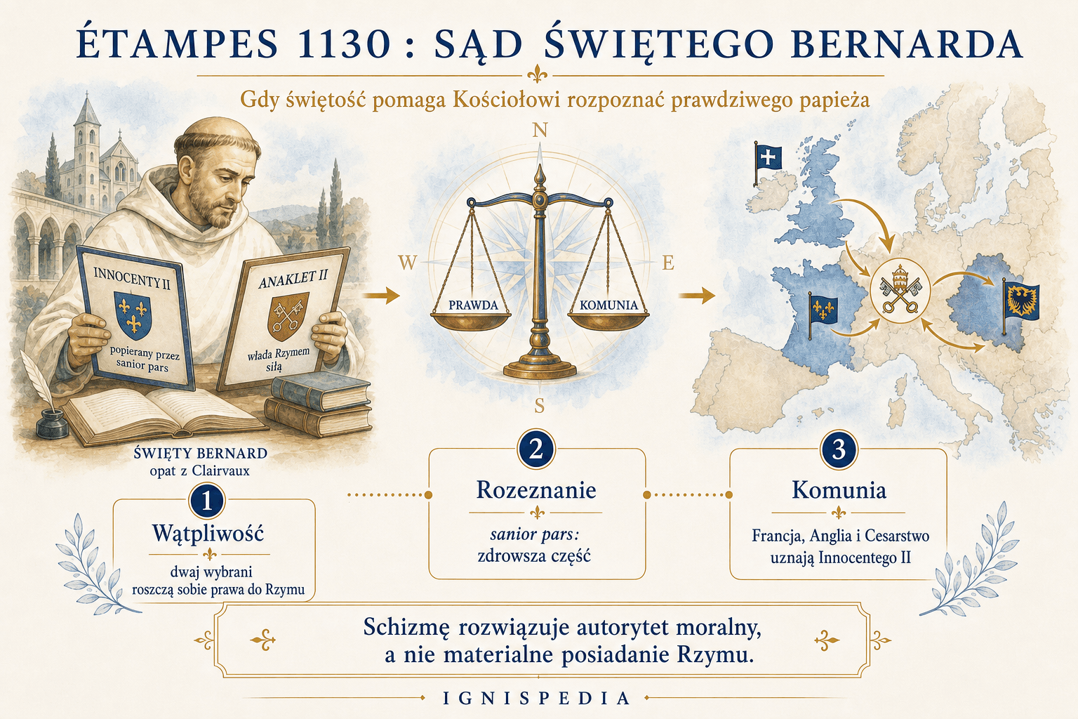 Infografika Ignispedia o soborze w Étampes z 1130 roku i wyroku świętego Bernarda na korzyść Innocentego II.