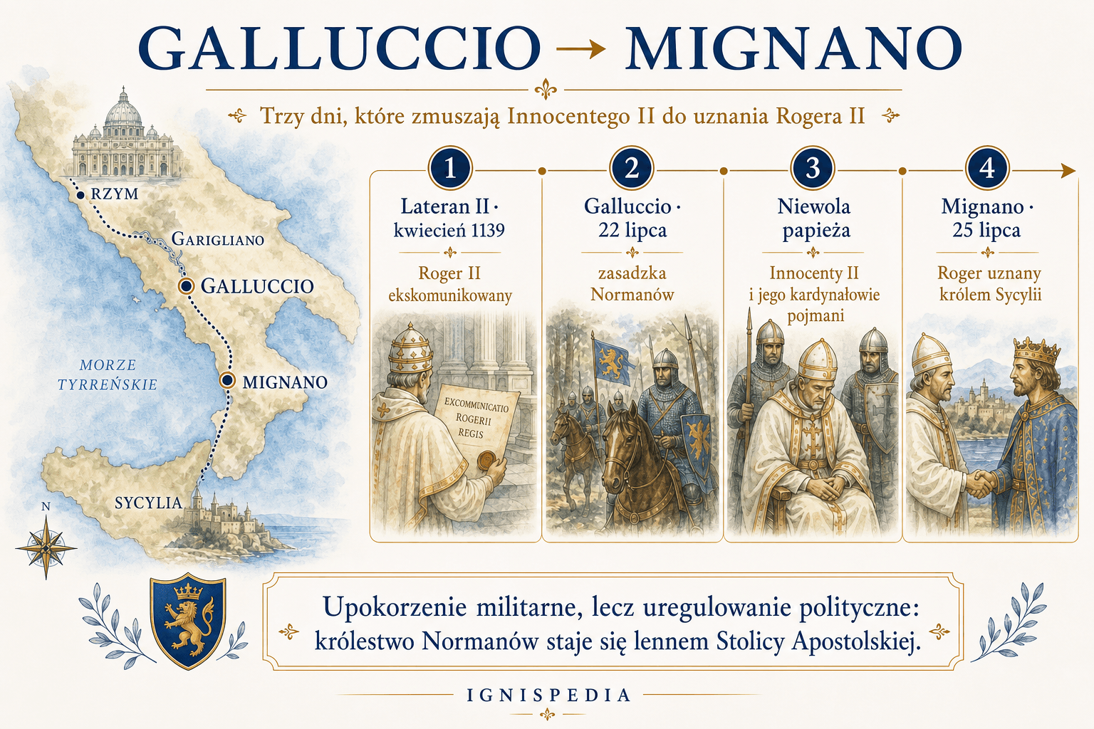 Infografika Ignispedia przedstawiająca Galluccio, Mignano oraz uznanie Rogera II Sycylijskiego przez Innocentego II w lipcu 1139 roku.