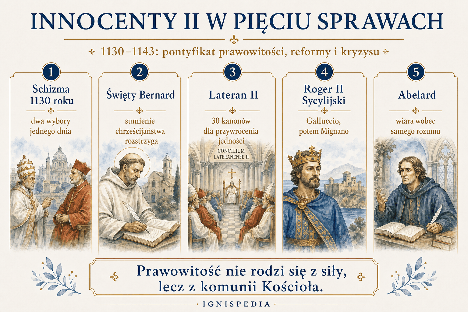 Infografika Ignispedia podsumowująca Innocentego II w pięciu sprawach: schizma 1130, św. Bernard, sobór laterański, Roger II Sycylii i Abélard.