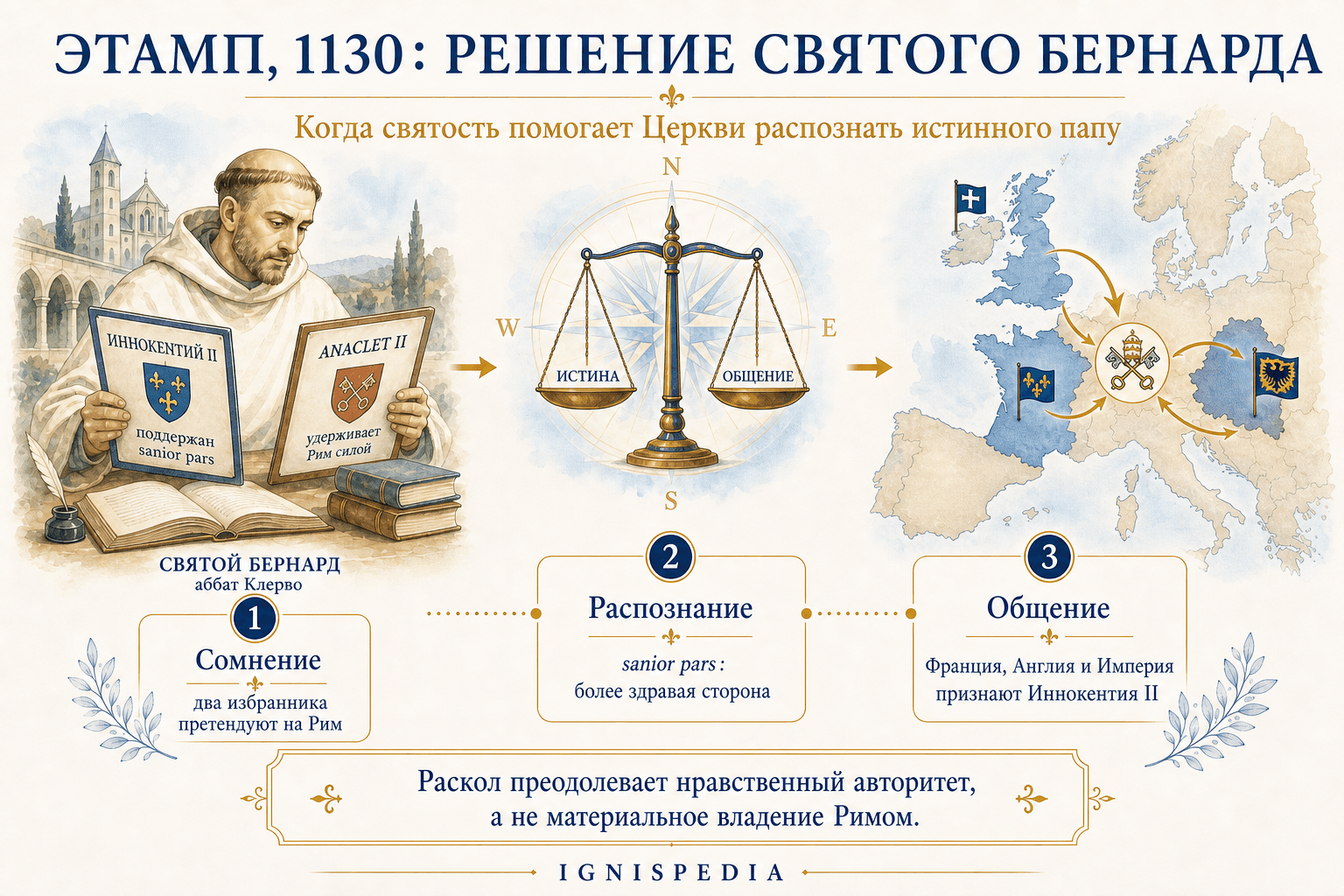 Инфографика Ignispedia о соборе в Этампе 1130 года и приговоре святого Бернара в пользу Иннокентия II.