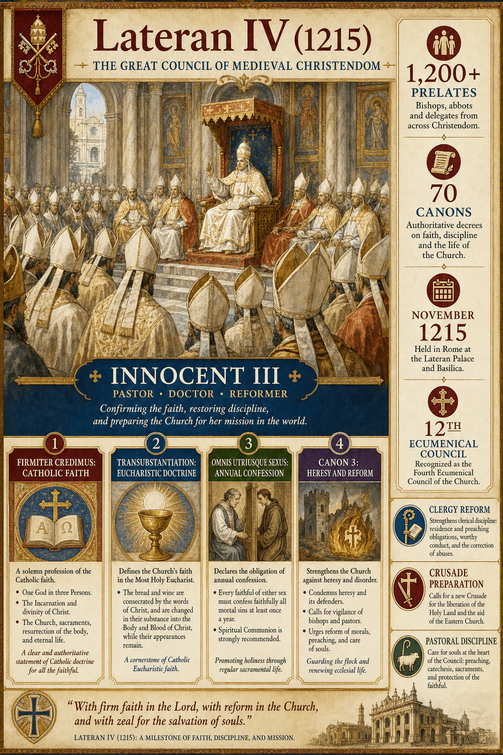 Ignispedia infographic: the Fourth Lateran Council in 1215, figures and principal canons.