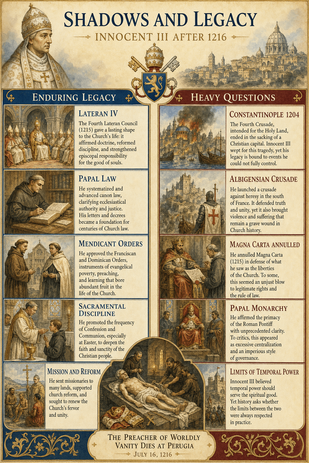 Ignispedia infographic: shadows and legacy of Innocent III's pontificate.