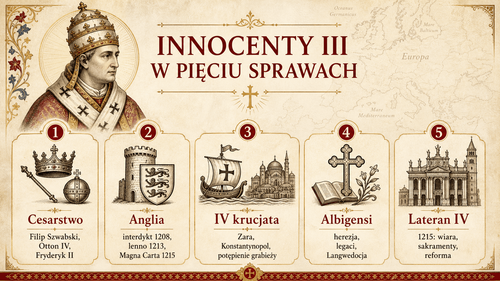 Infografika Ignispedia: Innocenty III w pięciu sprawach, Cesarstwo, Anglia, czwarta krucjata, albigensi i Lateran IV.