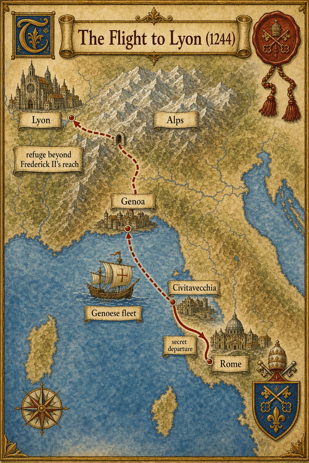 Map-infographic of the flight of Innocent IV from Rome to Lyon in 1244, via Civitavecchia, Genoa and the Alps