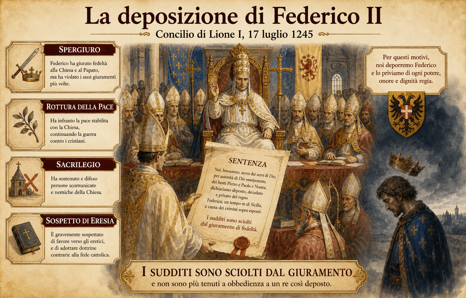 Infografica sulle quattro accuse della deposizione di Federico II a Lione nel 1245: spergiuro, violazione della pace, sacrilegio, sospetto di eresia