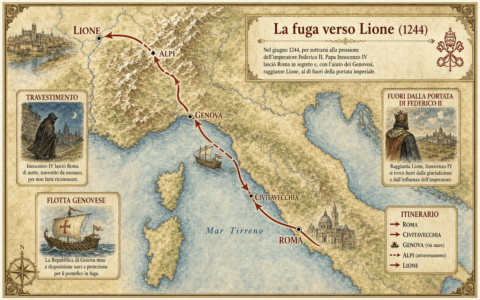 Mappa-infografica della fuga di Innocenzo IV da Roma a Lione nel 1244, via Civitavecchia, Genova e le Alpi
