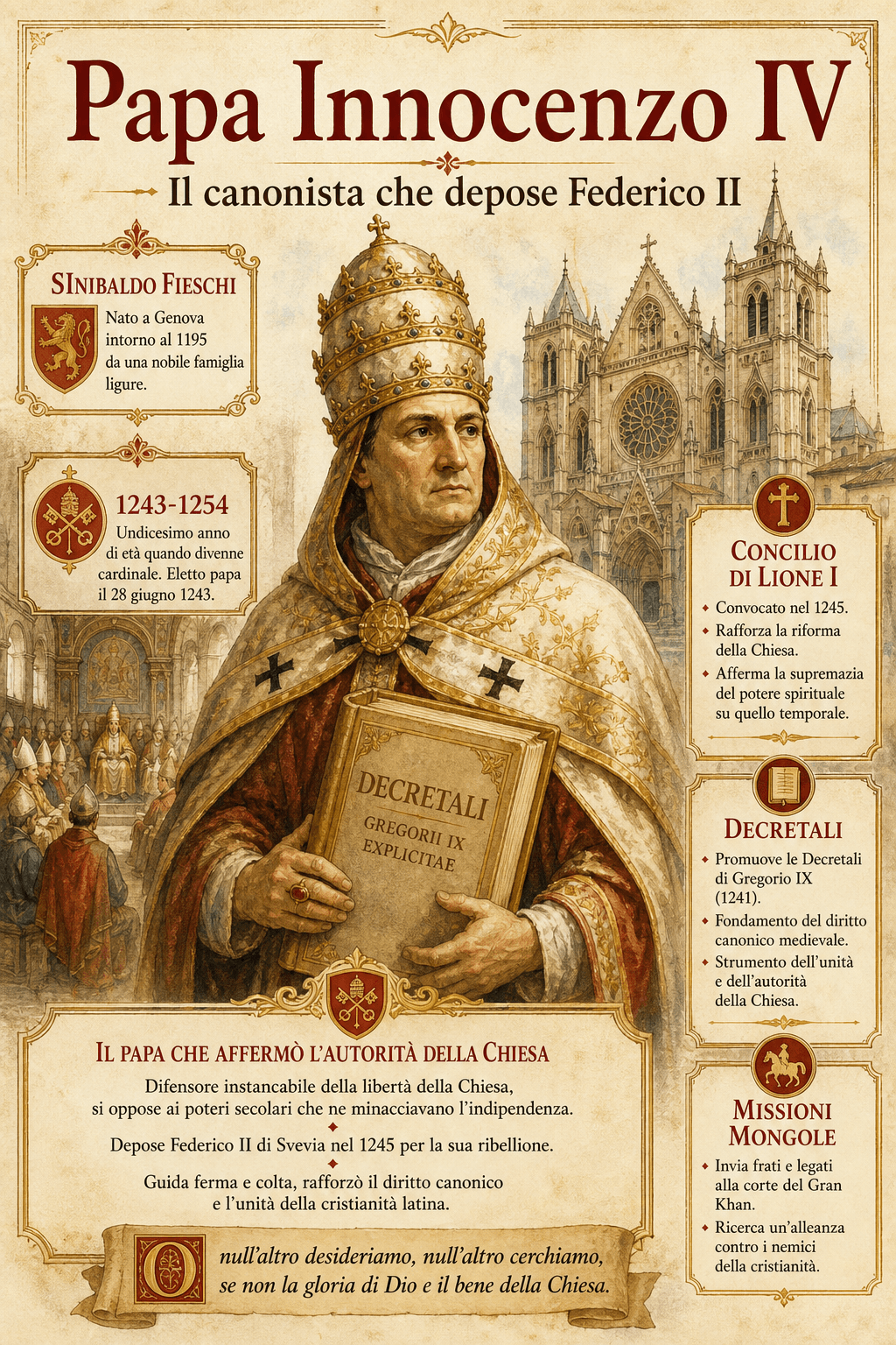 Illustrazione ad acquerello di Papa Innocenzo IV, giurista e papa combattente, con in mano le Decretali davanti alla cattedrale di Lione dove si tenne il concilio del 1245