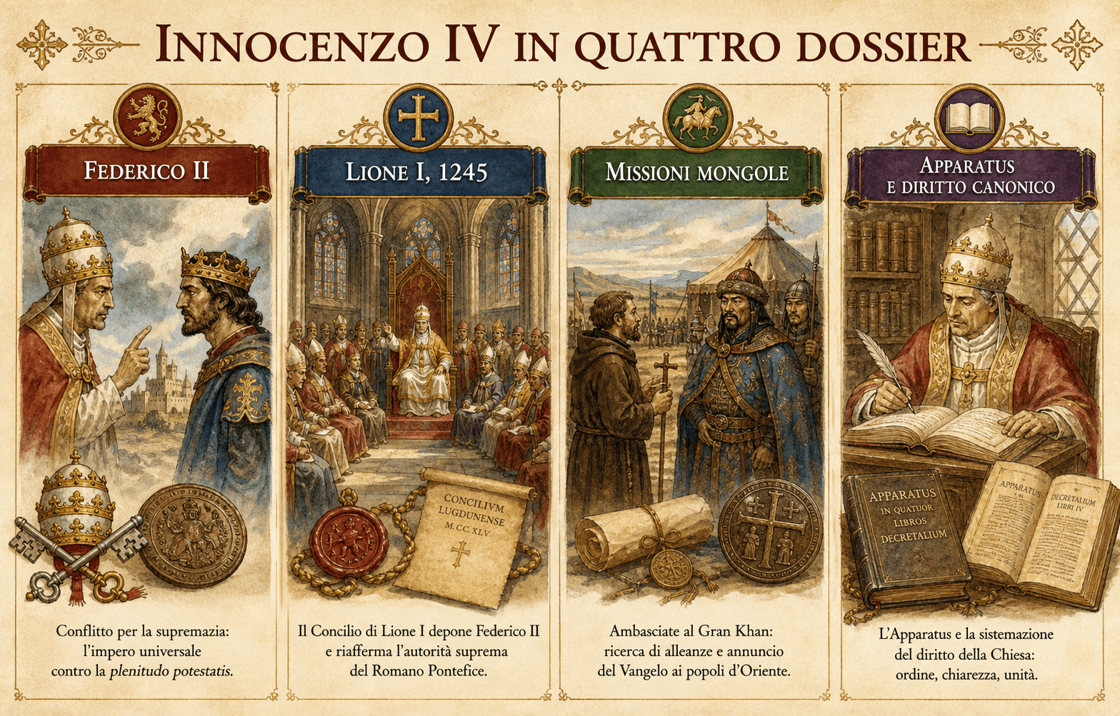 Infografica che presenta Innocenzo IV in quattro fascicoli: il duello con Federico II, il Concilio di Lione I del 1245, le missioni mongole e l'opera del canonista