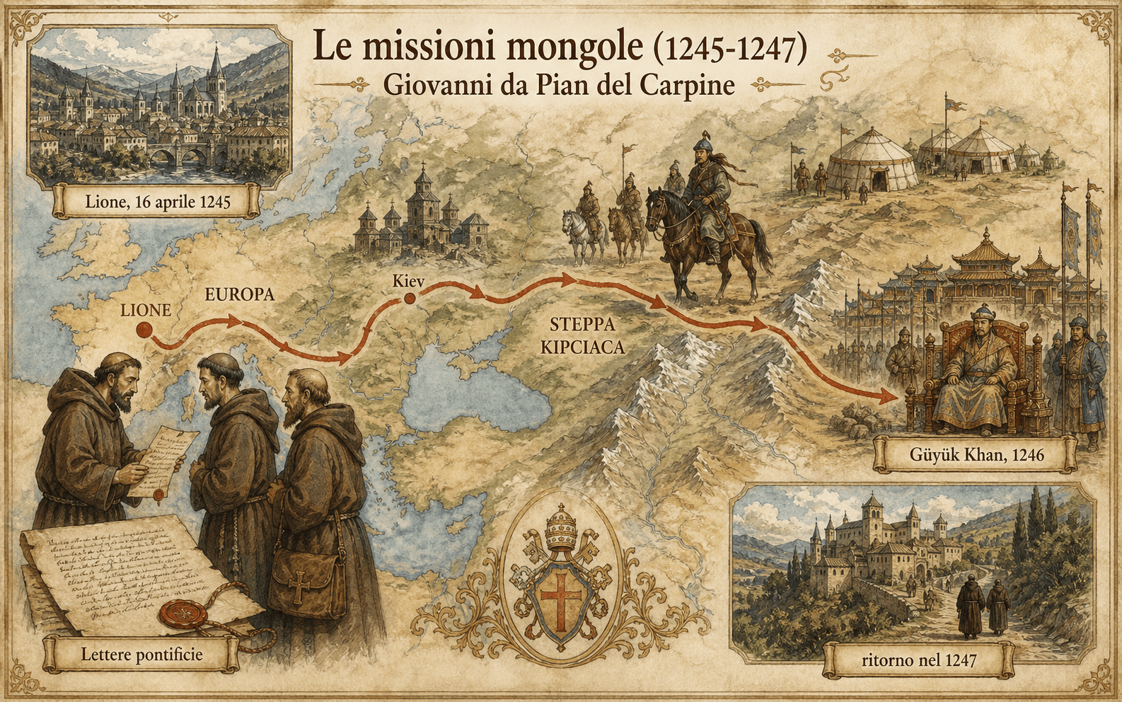 Mappa-infografica delle ambasciate di Innocenzo IV presso i Mongoli nel 1245, con l'itinerario di Giovanni da Pian del Carpine da Lione alla corte del Gran Khan