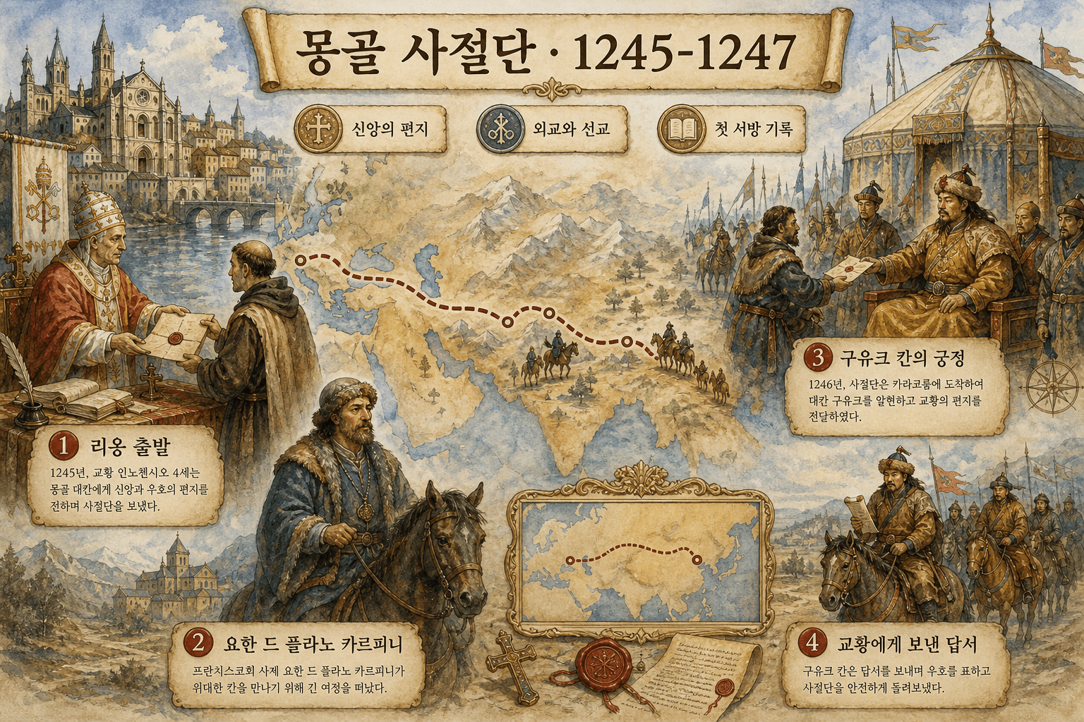 1245년 인노첸시오 4세가 몽골에 보낸 사절단과 요한 드 플라노 카르피니가 리옹에서 대칸의 궁정까지 간 경로를 보여 주는 지도 인포그래픽