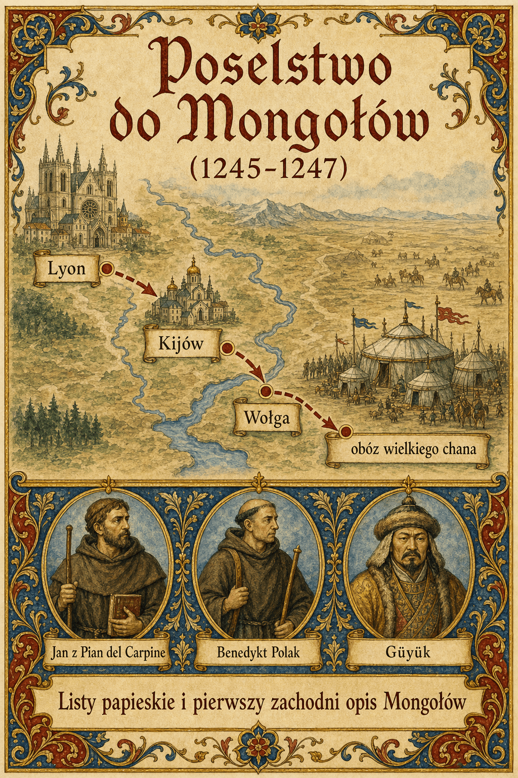 Mapa-infografika poselstwa Innocentego IV do Mongołów w latach 1245-1247, z drogą Jana z Pian del Carpine z Lyonu do obozu wielkiego chana