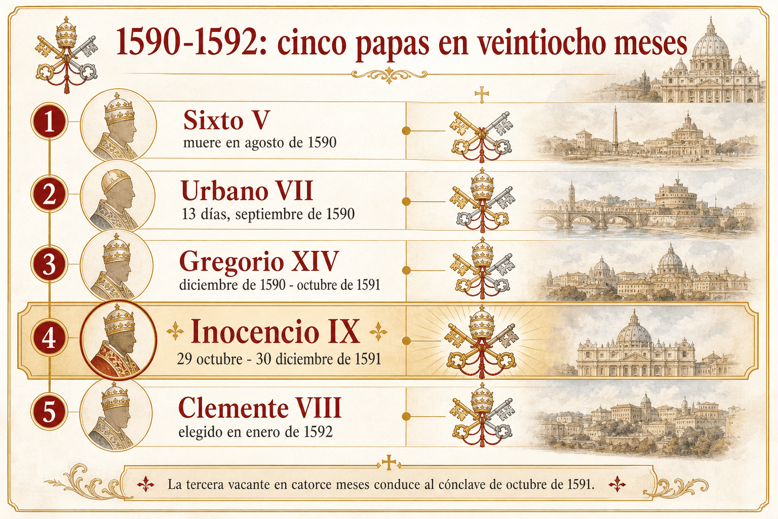 Infografía en friso que presenta los cinco papas que se suceden de 1590 a 1592, con Inocencio IX destacado como cuarto de la serie
