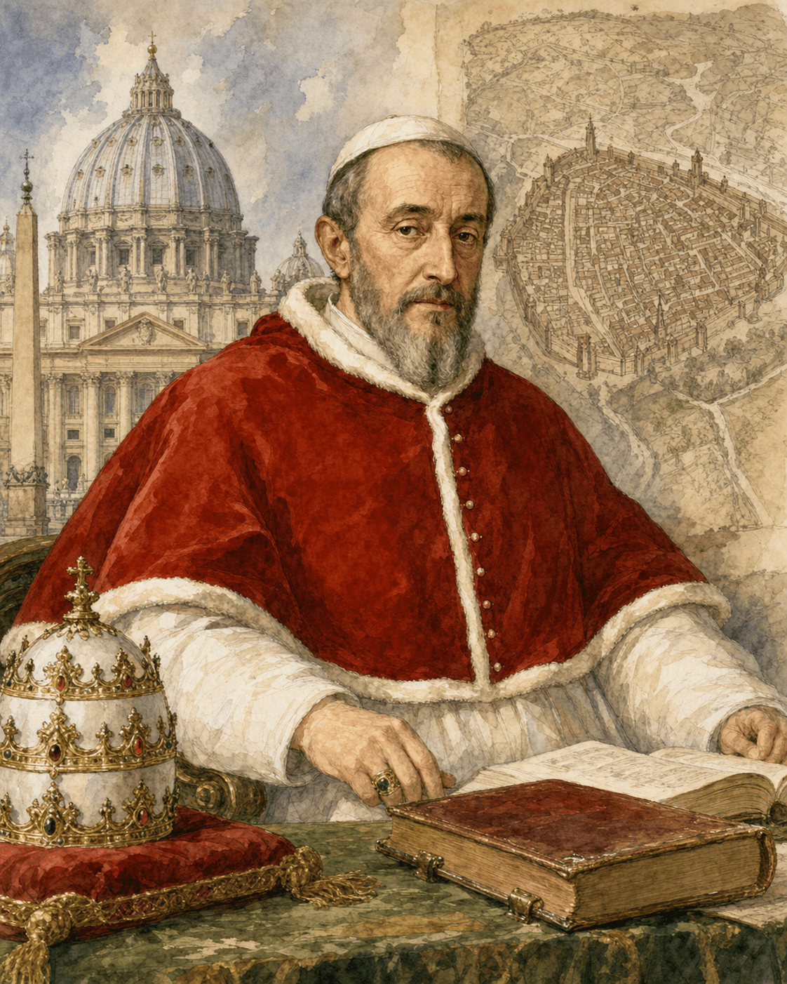 Ilustração em aguarela do papa Inocêncio IX, Giovanni Antonio Facchinetti, diante de São Pedro de Roma e de um mapa antigo