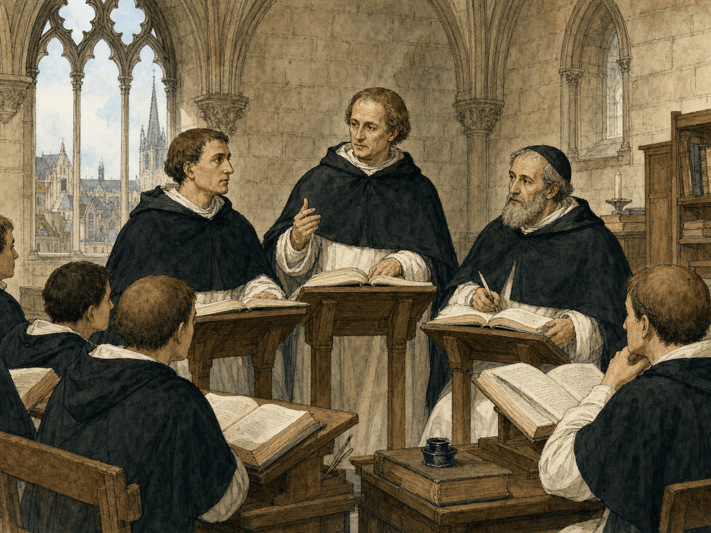 Illustration des écoles de Paris au XIIIe siècle avec Pierre de Tarentaise, Thomas d'Aquin et Albert le Grand parmi les maîtres dominicains