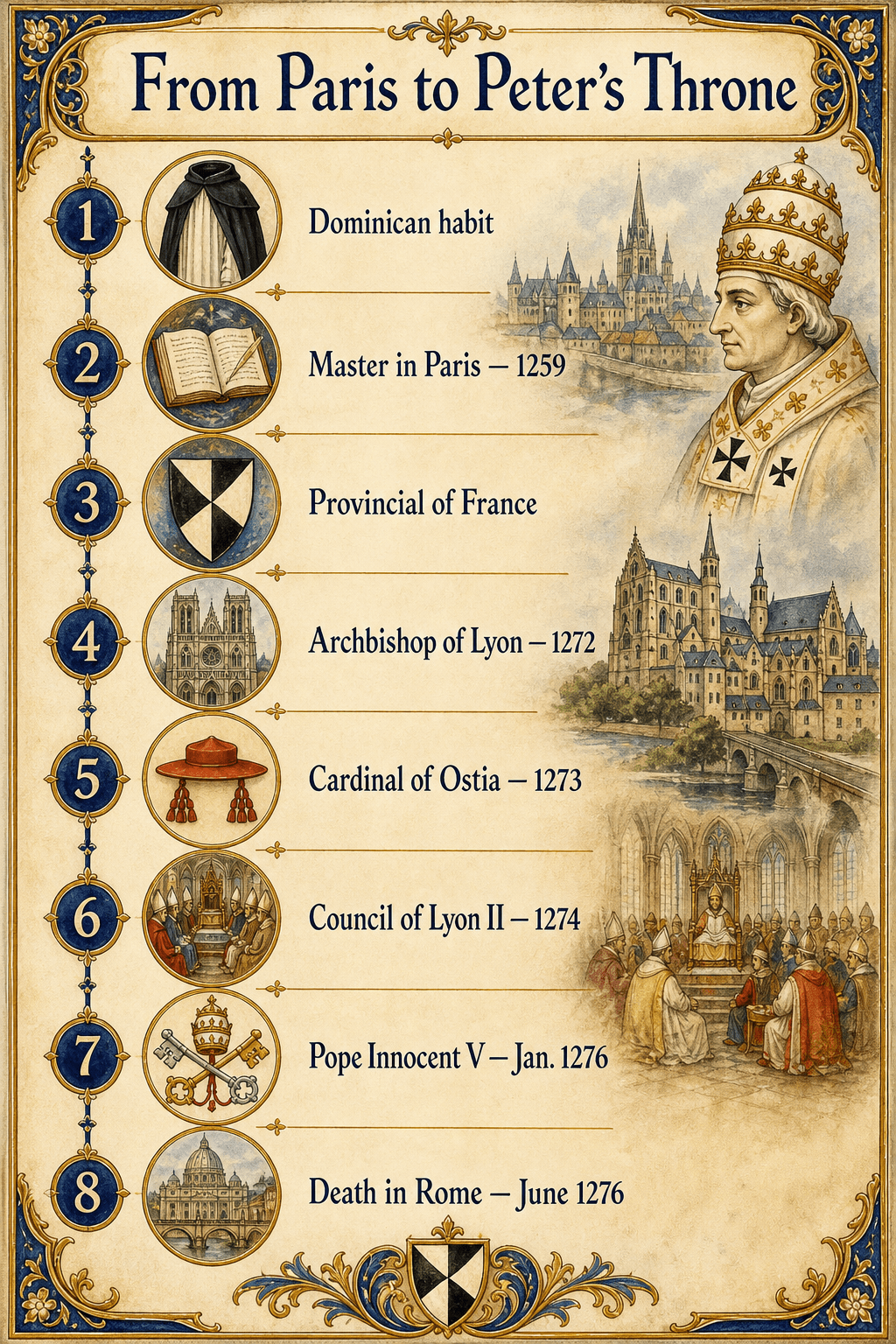 Illustrated timeline From Paris to Peter's Throne tracing Peter of Tarentaise's career to the pontificate of Innocent V