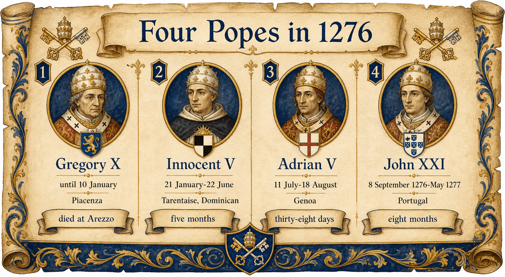 Infographic Four Popes in 1276 comparing Gregory X, Innocent V, Adrian V, and John XXI